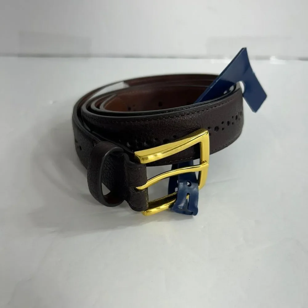 Club Room Belts Mens Medium 34-36 Brown Faux‎ Leather Brogue Casual Gold Buckle